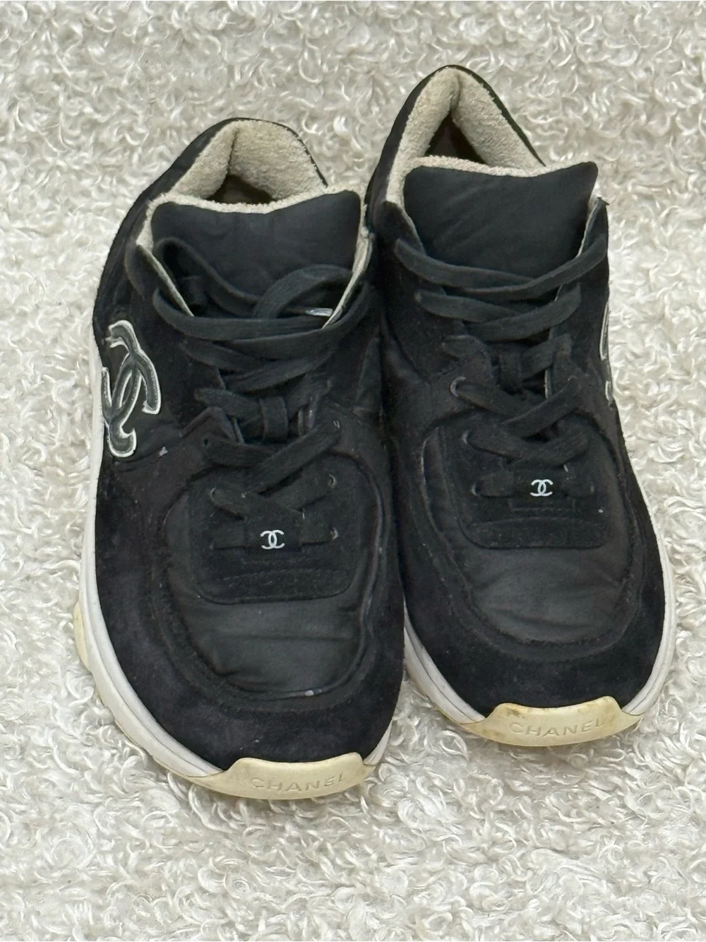 CHANEL Black and White Suede Fabric Sneakers